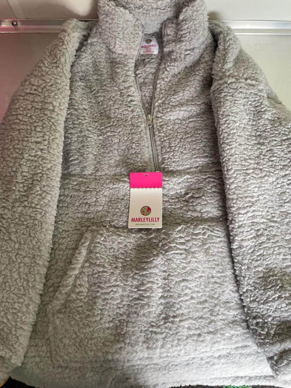 Marley Lilly Light Gray Sherpa Quarter-Zip Pullover